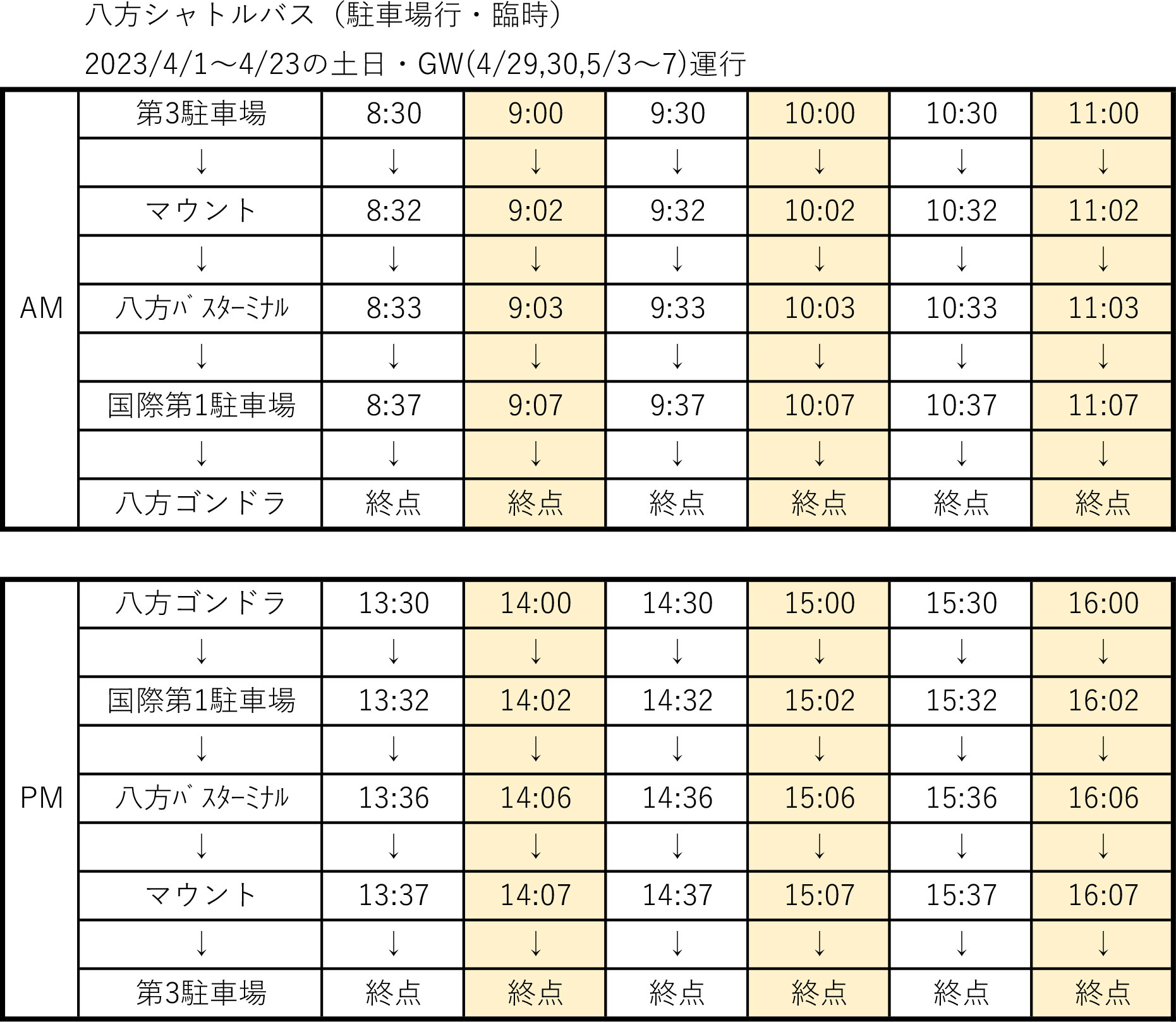 八方シャトルバス時刻表